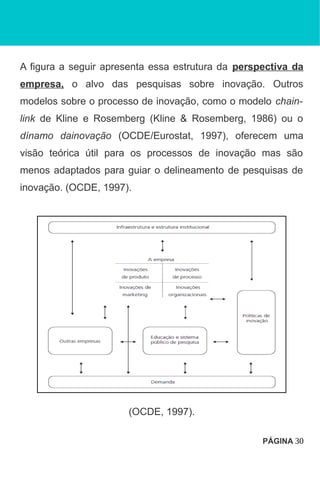 A figura a seguir apresenta essa estrutura da perspectiva da
empresa, o alvo das pesquisas sobre inovação. Outros
modelos sobre o processo de inovação, como o modelo chain-
link de Kline e Rosemberg (Kline & Rosemberg, 1986) ou o
dínamo dainovação (OCDE/Eurostat, 1997), oferecem uma
visão teórica útil para os processos de inovação mas são
menos adaptados para guiar o delineamento de pesquisas de
inovação. (OCDE, 1997).
(OCDE, 1997).
PÁGINA 30
 