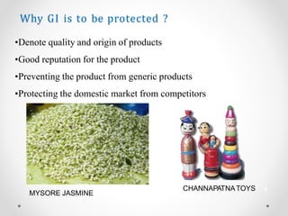 Why GI is to be protected ?
•Denote quality and origin of products
•Good reputation for the product
•Preventing the product from generic products
•Protecting the domestic market from competitors
CHANNAPATNATOYS 9
MYSORE JASMINE
 