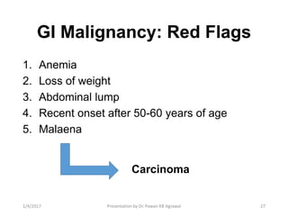 GI Malignancy: Red Flags
1. Anemia
2. Loss of weight
3. Abdominal lump
4. Recent onset after 50-60 years of age
5. Malaena
Carcinoma
271/4/2017 Presentation by Dr. Pawan KB Agrawal
 