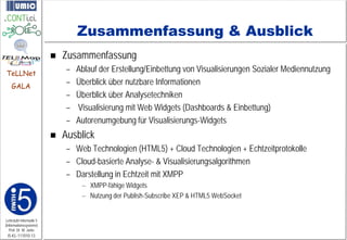 Zusammenfassung & Ausblick
                            Zusammenfassung
TeLLNet
                             –   Ablauf der Erstellung/Einbettung von Visualisierungen Sozialer Mediennutzung
    GALA
                             –   Überblick über nutzbare Informationen
                             –   Überblick über Analysetechniken
                             –   Visualisierung mit Web Widgets (Dashboards & Einbettung)
                             –   Autorenumgebung für Visualisierungs-Widgets
                            Ausblick
                             – Web Technologien (HTML5) + Cloud Technologien + Echtzeitprotokolle
                             – Cloud-basierte Analyse- & Visualisierungsalgorithmen
                             – Darstellung in Echtzeit mit XMPP
                                  – XMPP-fähige Widgets
                                  – Nutzung der Publish-Subscribe XEP & HTML5 WebSocket


Lehrstuhl Informatik 5
(Informationssysteme)
   Prof. Dr. M. Jarke
 I5-KL-111010-13
 