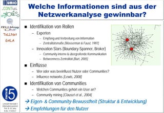 Welche Informationen sind aus der
                               Netzwerkanalyse gewinnbar?
                            Identifikation von Rollen
TeLLNet                       – Experten
                                  – Empfang und Verbreitung von Information
    GALA
                                  – Zentralitätsmaße [Wasserman & Faust, 1997]
                              – Innovation Stars (Boundary-Spanner, Broker)
                                  – Community-interne & übergreifende Kommunikation
                                  – Betweenness Zentralität [Burt, 2005]

                            Einflüsse
                              – Wer oder was beeinflusst Nutzer oder Communities?
                              – Influence networks [Lewis, 2008]
                            Identifikation von Communities
                              – Welchen Communities gehört ein User an?
                              – Community mining [Clauset et al., 2004]

Lehrstuhl Informatik 5
                          Eigen- & Community-Bewusstheit (Struktur & Entwicklung)
(Informationssysteme)
   Prof. Dr. M. Jarke
  I5-KL-111010-7
                          Empfehlungen für den Nutzer
 