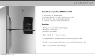5. CONSULTORIA


                                   Diﬁculdades especíﬁcas: REFRIGERADOR

                                   1) Regulagem da temperatura
                                   (manípulo não permite saber qual número está)
                                   2) Identiﬁcação dos produtos congelados
                                   3) Esbarrar e derrubar potes sem tampa

                                   Soluções:

                                   - Manipulo com indicativo de direção;
                                   - Manipulo com clique;
                                   - Números em relevo;

                                   - Botões (1, 2, 3, 4 e 5) para níveis;

                                   - compartimentos diferenciados com descrições em braille;

                                   - Presilhas diferenciadoras (frango, carne moída, bife, peixe, etc.)

                                   - Abas nas prateleiras (tipo bandeja)




sexta-feira, 9 de novembro de 12
 
