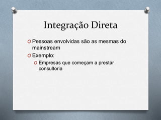Integração Direta 
O Pessoas envolvidas são as mesmas do 
mainstream 
O Exemplo: 
O Empresas que começam a prestar 
consultoria 
 