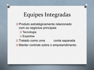 Equipes Integradas 
O Produto estratégicamente relacionado 
com os negócios principais 
O Tecnologia 
O Expertise 
O Tratado como uma conta separada 
O Manter controle sobre o empreendimento 
 