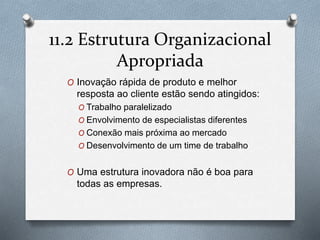 11.2 Estrutura Organizacional 
Apropriada 
O Inovação rápida de produto e melhor 
resposta ao cliente estão sendo atingidos: 
O Trabalho paralelizado 
O Envolvimento de especialistas diferentes 
O Conexão mais próxima ao mercado 
O Desenvolvimento de um time de trabalho 
O Uma estrutura inovadora não é boa para 
todas as empresas. 
 