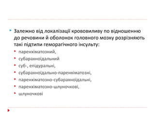  Залежно від локалізації крововиливу по відношенню
до речовини й оболонок головного мозку розрізняють
такі підтипи геморагічного інсульту:
 паренхіматозний,
 субарахноїдальний
 суб-, епідуральні,
 субарахноїдально-паренхіматозні,
 паренхіматозно-субарахноїдальні,
 паренхіматозно-шлуночкові,
 шлуночкові
 