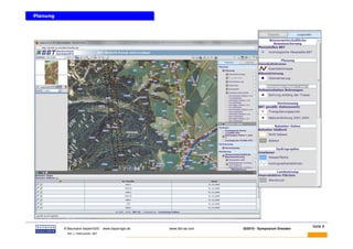 Planung
Planung




 BAUMANN                                                                                                  Seite 8
           © Baumann-bayernGIS           www.bayerngis.de   www.bbt-se.com   GI2010 - Symposium Dresden
            Bild- u. Datenquellen: BBT
 
