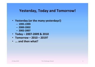Yesterday, Today and Tomorrow!

• Yesterday (or the many yesterdays!)
      – 1995‐1999
      – 2000‐2002
      – 2002‐200...