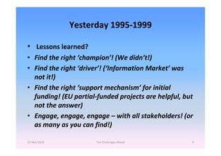 Yesterday 1995‐1999

• Lessons learned?
• Find the right ‘champion’! (We didn’t!)
• Find the right ‘driver’! (‘Information...