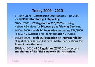 Today 2009 ‐ 2010
• 11 June 2009 – Commission Decision of 5 June 2009 
  for INSPIRE Monitoring & Reporting
• 20 Oct 2009 ...