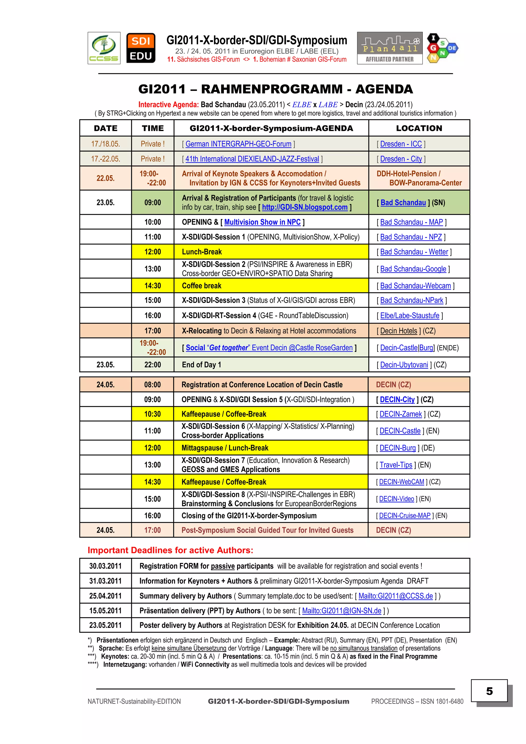GI2011-X-border-SDI/GDI-Symposium
                                  23. / 24. 05. 2011 in Euroregion ELBE / LABE (EEL)
                               11. Sächsisches GIS-Forum <> 1. Bohemian # Saxonian GIS-Forum
   ________________________________________________________________________________________

                  GI2011 – RAHMENPROGRAMM - AGENDA
                  Interactive Agenda: Bad Schandau (23.05.2011) < ELBE x LABE > Decin (23./24.05.2011)
  ( By STRG+Clicking on Hypertext a new website can be opened from where to get more logistics, travel and additional touristics information )

  DATE              TIME              GI2011-X-border-Symposium-AGENDA                                                LOCATION
 17./18.05.        Private !        [ German INTERGRAPH-GEO-Forum ]                                            [ Dresden - ICC ]
 17.-22.05.        Private !        [ 41th International DIEXIELAND-JAZZ-Festival ]                            [ Dresden - City ]
                   19:00-           Arrival of Keynote Speakers & Accomodation /                               DDH-Hotel-Pension /
   22.05.
                     -22:00           Invitation by IGN & CCSS for Keynoters+Invited Guests                       BOW-Panorama-Center
                                    Arrival & Registration of Participants (for travel & logistic
   23.05.            09:00                                                                                     [ Bad Schandau ] (SN)
                                    info by car, train, ship see [ http://GDI-SN.blogspot.com ]
                     10:00          OPENING & [ Multivision Show in NPC ]                                      [ Bad Schandau - MAP ]
                     11:00          X-SDI/GDI-Session 1 (OPENING, MultivisionShow, X-Policy)                   [ Bad Schandau - NPZ ]
                     12:00          Lunch-Break                                                                [ Bad Schandau - Wetter ]
                                    X-SDI/GDI-Session 2 (PSI/INSPIRE & Awareness in EBR)
                     13:00                                                                                     [ Bad Schandau-Google ]
                                    Cross-border GEO+ENVIRO+SPATIO Data Sharing
                     14:30          Coffee break                                                               [ Bad Schandau-Webcam ]
                     15:00          X-SDI/GDI-Session 3 (Status of X-GI/GIS/GDI across EBR)                    [ Bad Schandau-NPark ]
                     16:00          X-SDI/GDI-RT-Session 4 (G4E - RoundTableDiscussion)                        [ Elbe/Labe-Staustufe ]
                     17:00          X-Relocating to Decin & Relaxing at Hotel accommodations                   [ Decin Hotels ] (CZ)
                   19:00-
                                    [ Social “Get together” Event Decin @Castle RoseGarden ]                   [ Decin-Castle|Burg] (EN|DE)
                     -22:00
   23.05.            22:00          End of Day 1                                                               [ Decin-Ubytovani ] (CZ)

   24.05.            08:00         Registration at Conference Location of Decin Castle                        DECIN (CZ)
                     09:00         OPENING & X-SDI/GDI Session 5 (X-GDI/SDI-Integration )                     [ DECIN-City ] (CZ)
                     10:30         Kaffeepause / Coffee-Break                                                 [ DECIN-Zamek ] (CZ)
                                   X-SDI/GDI-Session 6 (X-Mapping/ X-Statistics/ X-Planning)
                     11:00                                                                                    [ DECIN-Castle ] (EN)
                                   Cross-border Applications
                     12:00         Mittagspause / Lunch-Break                                                 [ DECIN-Burg ] (DE)
                                   X-SDI/GDI-Session 7 (Education, Innovation & Research)
                     13:00                                                                                    [ Travel-Tips ] (EN)
                                   GEOSS and GMES Applications
                     14:30         Kaffeepause / Coffee-Break                                                 [ DECIN-WebCAM ] (CZ)
                                   X-SDI/GDI-Session 8 (X-PSI/-INSPIRE-Challenges in EBR)
                     15:00                                                                                    [ DECIN-Video ] (EN)
                                   Brainstorming & Conclusions for EuropeanBorderRegions
                     16:00         Closing of the GI2011-X-border-Symposium                                   [ DECIN-Cruise-MAP ] (EN)

   24.05.            17:00         Post-Symposium Social Guided Tour for Invited Guests                       DECIN (CZ)

Important Deadlines for active Authors:
30.03.2011         Registration FORM for passive participants will be available for registration and social events !
31.03.2011         Information for Keynoters + Authors & preliminary GI2011-X-border-Symposium Agenda DRAFT
25.04.2011         Summary delivery by Authors ( Summary template.doc to be used/sent: [ Mailto:GI2011@CCSS.de ] )
15.05.2011         Präsentation delivery (PPT) by Authors ( to be sent: [ Mailto:GI2011@IGN-SN.de ] )
23.05.2011         Poster delivery by Authors at Registration DESK for Exhibition 24.05. at DECIN Conference Location
*) Präsentationen erfolgen sich ergänzend in Deutsch und Englisch – Example: Abstract (RU), Summary (EN), PPT (DE), Presentation (EN)
**) Sprache: Es erfolgt keine simultane Übersetzung der Vorträge / Language: There will be no simultanous translation of presentations
***) Keynotes: ca. 20-30 min (incl. 5 min Q & A) / Presentations: ca. 10-15 min (incl. 5 min Q & A) as fixed in the Final Programme
****) Internetzugang: vorhanden / WiFi Connectivity as well multimedia tools and devices will be provided

   _________________________________________________________________________________________
                                                                                                                                                 5
NATURNET-Sustainability-EDITION              GI2011-X-border-SDI/GDI-Symposium                               PROCEEDINGS – ISSN 1801-6480
 