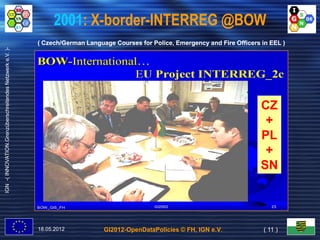 2001: X-border-INTERREG @BOW
                                                           ( Czech/German Language Courses for Police, Emergency and Fire Officers in EEL )
IGN -( INNOVATION.Grenzüberschreitendes Netzwerk e.V. )-




                                                                                                                                   CZ
                                                                                                                                    +
                                                                                                                                   PL
                                                                                                                                    +
                                                                                                                                   SN



                                                           18.05.2012           GI2012-OpenDataPolicies © FH, IGN e.V.              ( 11 )
 