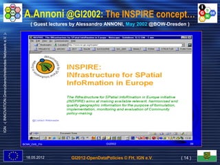 A.Annoni @GI2002: The INSPIRE concept…
                                                             ( Guest lectures by Alessandro ANNONI, May 2002 @BOW-Dresden )
IGN -( INNOVATION.Grenzüberschreitendes Netzwerk e.V. )-




                                                           18.05.2012       GI2012-OpenDataPolicies © FH, IGN e.V.     ( 14 )
 