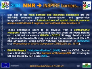 2004: NNR  INSPIRE barriers…
                                                           • But, one of the main barriers and important challenges are the
IGN -( INNOVATION.Grenzüberschreitendes Netzwerk e.V. )-




                                                             INSPIRE semantic geodata harmonization and geoservice
                                                             integration of national Infrastructures of spatial data & services
                                                             across institutional & regional and national state borders !!!

                                                           • These challenges seem to be obvious from a cartographic
                                                             viewpoint since its very beginning and has been the focus behind
                                                             our traditional awareness GI2000 - GI2010 Strategy Seminars and
                                                                                        GI2000 GI2010
                                                             Symposia in Dresden/Saxony, as well as the foundation of IGN e.V.
                                                             (the Innovation. Cross-border-Network) Association in 2002/2003
                                                                  Innovation. Cross-border-Network)                  2002/
                                                             (see Proceedings of GI2010-Symposium-DRESDEN, pp. 38-40).
                                                                                 GI2010-Symposium-           pp. 38-40)

                                                           • EU-FP6-Project “NaturNet+Redime” (NNR) lead by CCSS (Praha)
                                                             EU-FP6             NaturNet+Redime”                              Praha)
                                                             was a first step to proof the barriers of X-border-SDI still existing in
                                                                                                         border-
                                                             EU and tested by IGN since 2005…
                                                                                          2005…


                                                                18.05.2012       GI2012-OpenDataPolicies © FH, IGN e.V.   ( 18 )
 