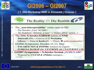 GI2006 – GI2007
                                                                   ( 1. GDI-Workshop NNR in Zinnwald ( Cinovec )
                                                                        GDI-
IGN -( INNOVATION.Grenzüberschreitendes Netzwerk e.V. )-




                                                                             The Reality <> Die Realität

                                                           •    The „non-interoperability“ crime cases in DD
                                                                – The Dresden „Case“ 01/2006 !
                                                                – The Radebeul / Hellerau „Cases“ <> Police „DNA“ action...?
                                                           •    The 2006 X-border-GIBSER action of NNR
                                                                – Zinnwald (SN) <>Cinovec (CZ) Workshop
                                                                – Liberec <> Zittau & KarlovyV <> Plauen  under preparation !
                                                           •    GI2006-Symposium, Dresden 12./13. May
                                                                – ENLARGE-NET & INSPIRE-Analysis by Experts
                                                                – EUREGIA ISAMAP (3)+ CENTROPE (4) + NATURNET (>5)
                                                           • GI2007-Symposium = X-border-Session „ELBE/LABE“
                                                                – Proposed by UN-FAO & ePSIplus managers...
                                                                22.09.2006                                                     5




                                                           18.05.2012          GI2012-OpenDataPolicies © FH, IGN e.V.      ( 24 )
 