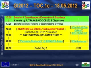 GI2012 – TOC.1c – 18.05.2012
IGN -( INNOVATION.Grenzüberschreitendes Netzwerk e.V. )-




                                                           17:00   Session 5: OpenGeospatialConsortium & Standards
                                                                                                                                     |
                                                             |     Keynote by A. TRAKAS (OGC-DEUS) & Discussion
                                                                                        (OGC-
                                                           17:30   End of Session and Relaxing or accommodating @ HOTEL              |
                                                                                                                            [ BOWLING ARENA
                                                           18:30      [ INVITATION to a SOCIAL “Get together” EVENT ]
                                                                                                 “Get together”                 @GMAP ]
                                                             |                    Südhöhe 80, 01217 Dresden                 [ GI2012-BOW-CUP
                                                           19:00            *** GI2012-BOWGIS-CUP-COMPETITION ***
                                                                                GI2012-BOWGIS-CUP-                                   ]
                                                             |                                 |                                     |
                                                           20:00         [ ”Panorama-Restaurant” @ BOWLING-Arena ]          [ BOW-Restaurant ]
                                                             |                                 |                                     |
                                                           22:30                        End of Day 1                              22:30




                                                               18.05.2012          GI2012-OpenDataPolicies © FH, IGN e.V.       ( 33 )
 