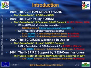 Introduction
                                                           • 1994: The CLINTON-ORDER # 12906
IGN -( INNOVATION.Grenzüberschreitendes Netzwerk e.V. )-




                                                             – The “Grass-Roots” of OGC and GSDI
                                                           • 1997: The EGIP-Policy-FORUM
                                                             – The “Grass-Roots” of European GI2000 Concept  JRC (Stresa, 1999)
                                                                • 1999 = GI2000 draft directive cancelled …
                                                                          – GI2000-Archive: [ http://www.ec-gis.org/copygi2000 ]
                                                                  • 2000 = OpenGIS Strategy Seminars @BOW
                                                                          – BOW: GI2000 = 1. GIS-Strategy-Seminar-Series  (CDROM)
                                                                          – BOW: GI2002 = 2. GIS-Strategy-Seminar-Series  (CDROM)
                                                           • 2002: The EC GI&GIS workshop in Dublin
                                                             – The “Grass-Roots” of „new“ INSPIRE Concept
                                                                • 2002 = Foundation of GDI-Sachsen (i.G.)  2003 = IGN e.V.
                                                                          – IGN: GI2003
                                                                                 GI2003-Symposium = 3. Sächsisches GIS-Forum  (Weblog)
                                                           • 2004: The INSPIRE Support by 3 EU-Commissioners
                                                             – The “Grass-Roots” of todays INSPIRE Directive, approved in 2007
                                                                          – IGN: GI2004
                                                                                 GI2004-Symposium = 4. Sächsisches GIS-Forum  (Weblog)


                                                             18.05.2012            GI2012-OpenDataPolicies © FH, IGN e.V.          (7)
 