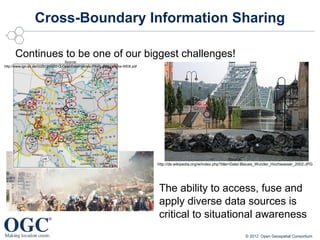 Cross-Boundary Information Sharing

      Continues to be one of our biggest challenges!
                                    Source:
http://www.ign-sn.de/GI2012/GI2012-OpenDataPolicies-FINAL-Programme-WEB.pdf




                                                                                                                       Source:
                                                                              http://de.wikipedia.org/w/index.php?title=Datei:Blaues_Wunder_Hochwasser_2002.JPG




                                                                              The ability to access, fuse and
                                                                              apply diverse data sources is
                                                                              critical to situational awareness
                                                                                                                            © 2012 Open Geospatial Consortium
 