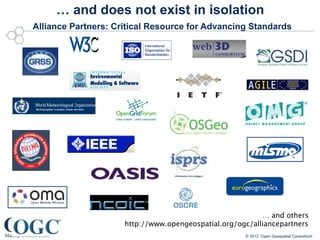 … and does not exist in isolation
Alliance Partners: Critical Resource for Advancing Standards




                                                          … and others
                     http://www.opengeospatial.org/ogc/alliancepartners
                                                     © 2012 Open Geospatial Consortium
 
