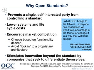 Why Open Standards?

●
    Prevents a single, self-interested party from
    controlling a standard
                                                              „What OGC brings to
• Lower systems and life                                      the table is…everyone
                                                              has confidence we
  cycle costs                                                 won’t take advantage of
                                                              the format or change it
• Encourage market competition                                in a way that will harm
   – Choose based on functionality                            anyone”
      desired                                                          Michael Weiss-Malik,
    – Avoid “lock in” to a proprietary                                 Google KML product
      architecture                                                                manager


• Stimulates innovation beyond the standard by
  companies that seek to differentiate themselves.
             Source: Open Standards, Open Source, and Open Innovation: Harnessing the Benefits of
                        Openness, April 2006. Committee For Economic Development. www.ced.org
                                                                         © 2012 Open Geospatial Consortium
 