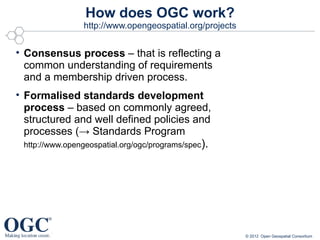 How does OGC work?
                http://www.opengeospatial.org/projects


• Consensus process – that is reflecting a
  common understanding of requirements
  and a membership driven process.
• Formalised standards development
  process – based on commonly agreed,
  structured and well defined policies and
  processes (→ Standards Program
 http://www.opengeospatial.org/ogc/programs/spec).




                                                         © 2012 Open Geospatial Consortium
 