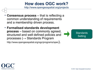 How does OGC work?
                http://www.opengeospatial.org/projects


• Consensus process – that is reflecting a
  common understanding of requirements
  and a membership driven process.
• Formalised standards development
  process – based on commonly agreed,                           Standards
  structured and well defined policies and                       Setting
  processes (→ Standards Program
 http://www.opengeospatial.org/ogc/programs/spec).




                                                         © 2012 Open Geospatial Consortium
 