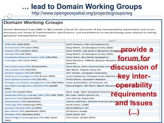 … lead to Domain Working Groups
  http://www.opengeospatial.org/projects/groups/wg




                                        ...provide a
                                          forum for
                                       discussion of
                                          key inter-
                                        operability
                                       requirements
                                        and issues
                                             (...)
                                              © 2012 Open Geospatial Consortium
 