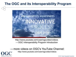The OGC and its Interoperability Program




      http://www.youtube.com/user/ogcvideo/videos
      → OGC Interoperability Program Introduction


   → more videos on OGC's YouTube Channel:
        http://www.youtube.com/user/ogcvideo/videos

                                                      © 2012 Open Geospatial Consortium
 