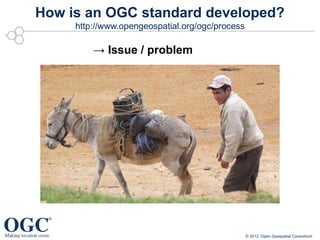 How is an OGC standard developed?
     http://www.opengeospatial.org/ogc/process

         → Issue / problem




                                                 © 2012 Open Geospatial Consortium
 