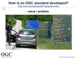 How is an OGC standard developed?
     http://www.opengeospatial.org/ogc/process

           → Issue / problem




                                                 © 2012 Open Geospatial Consortium
 
