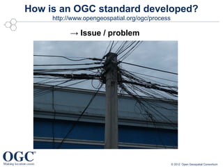 How is an OGC standard developed?
     http://www.opengeospatial.org/ogc/process

           → Issue / problem




                                                 © 2012 Open Geospatial Consortium
 