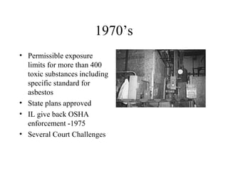 1970’s
• Permissible exposure
limits for more than 400
toxic substances including
specific standard for
asbestos
• State plans approved
• IL give back OSHA
enforcement -1975
• Several Court Challenges
 