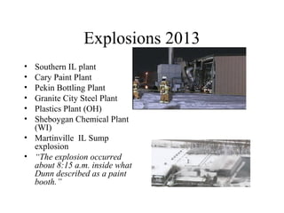 Explosions 2013
• Southern IL plant
• Cary Paint Plant
• Pekin Bottling Plant
• Granite City Steel Plant
• Plastics Plant (OH)
• Sheboygan Chemical Plant
(WI)
• Martinville IL Sump
explosion
• “The explosion occurred
about 8:15 a.m. inside what
Dunn described as a paint
booth.”
 