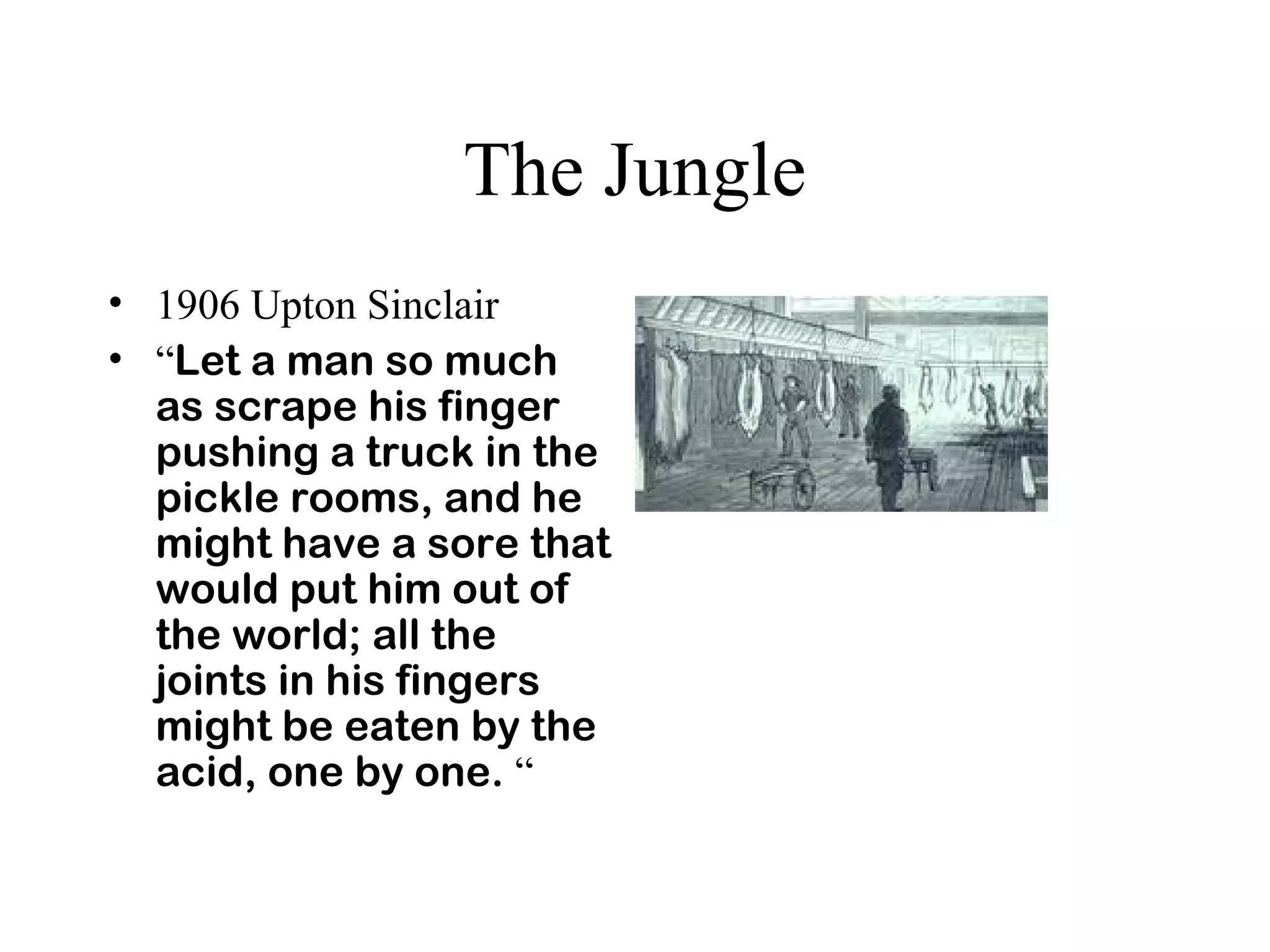 The Jungle
• 1906 Upton Sinclair
• “Let a man so much
as scrape his finger
pushing a truck in the
pickle rooms, and he
might have a sore that
would put him out of
the world; all the
joints in his fingers
might be eaten by the
acid, one by one. “
 