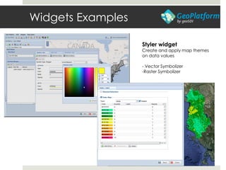 Widgets Examples
Styler widget
Create and apply map themes
on data values
- Vector Symbolizer
-Raster Symbolizer
 