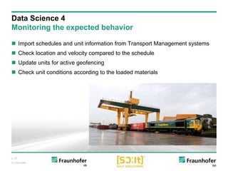 p. 20
© Fraunhofer
 Import schedules and unit information from Transport Management systems
 Check location and velocity compared to the schedule
 Update units for active geofencing
 Check unit conditions according to the loaded materials
Data Science 4
Monitoring the expected behavior
 