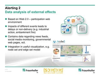 p. 23
© Fraunhofer
 Based on Web 2.0 – participation web
environment
 Impacts of different events leads to
delays or non-delivery (e.g. industrial
action, embankment fire)
 Contains data regarding news feeds,
social media monitoring, governmental
web pages, ect.
 Integration in useful visualization, e.g.
node set and edge set model
Alerting 2
Data analysis of external effects
 
