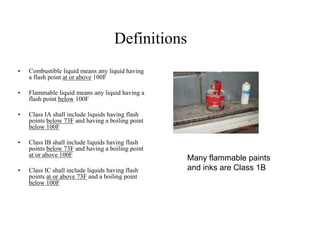 Definitions 
• Combustible liquid means any liquid having 
a flash point at or above 100F 
• Flammable liquid means any liquid having a 
flash point below 100F 
• Class IA shall include liquids having flash 
points below 73F and having a boiling point 
below 100F 
• Class IB shall include liquids having flash 
points below 73F and having a boiling point 
at or above 100F 
• Class IC shall include liquids having flash 
points at or above 73F and a boiling point 
below 100F 
Many flammable paints 
and inks are Class 1B 
 
