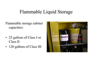 Flammable Liquid Storage 
Flammable storage cabinet 
capacities: 
• 25 gallons of Class I or 
Class II 
• 120 gallons of Class III 
 