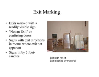 Exit Marking 
• Exits marked with a 
readily visible sign 
• "Not an Exit" on 
confusing doors 
• Signs with exit directions 
in rooms where exit not 
apparent 
• Signs lit by 5 foot-candles 
Exit sign not lit 
Exit blocked by material 
 