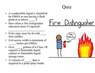 Quiz 
• A combustible liquid is identified 
by OSHA as one having a flash 
point at or above _____F 
• How often is fire extinguisher 
education done if required? 
_________________________ 
• Exits signs must be lit with ____ 
foot candles. 
• Exit access width is minimum of 
_____ inches per OSHA. 
• Over _____ gallons of a Class 1B 
requires a flammable liquid 
cabinet or flammable liquid 
storage room . 
• A velocity of _____ fpm is 
required in a paint spray booth. 
