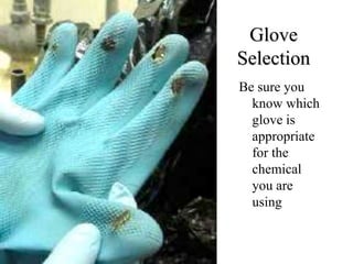 Glove 
Selection 
Be sure you 
know which 
glove is 
appropriate 
for the 
chemical 
you are 
using 
 