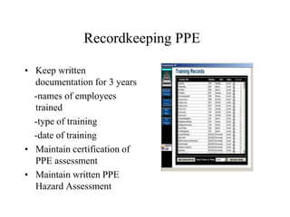 Recordkeeping PPE 
g 
• Keep written 
documentation for 3 years 
-names of employees 
trained 
-type of training 
-date of training 
• Maintain certification of 
PPE assessment 
• Maintain written PPE 
Hazard Assessment 
 