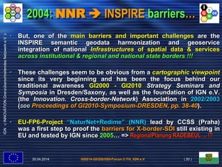 GI2014-GI/GIS/GDI-Forum © FH, IGN e.V.
IGN-(INNOVATION.GrenzüberschreitendesNetzwerke.V.)-
2004: NNR  INSPIRE barriers…
• But, one of the main barriers and important challenges are the
INSPIRE semantic geodata harmonization and geoservice
integration of national Infrastructures of spatial data & services
across institutional & regional and national state borders !!!
• These challenges seem to be obvious from a cartographic viewpoint
since its very beginning and has been the focus behind our
traditional awareness GI2000 - GI2010 Strategy Seminars and
Symposia in Dresden/Saxony, as well as the foundation of IGN e.V.
(the Innovation. Cross-border-Network) Association in 2002/2003
(see Proceedings of GI2010-Symposium-DRESDEN, pp. 38-40).
• EU-FP6-Project “NaturNet+Redime” (NNR) lead by CCSS (Praha)
was a first step to proof the barriers for X-border-SDI still existing in
EU and tested by IGN since 2005… => RegionalPlanung RADEBEUL ... !?
30.04.2014 ( 20 )
 