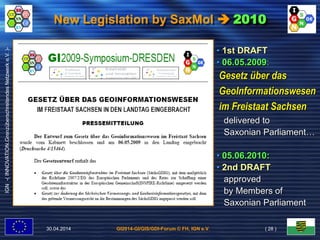 GI2014-GI/GIS/GDI-Forum © FH, IGN e.V.
IGN-(INNOVATION.GrenzüberschreitendesNetzwerke.V.)-
New Legislation by SaxMoI  2010
• 1st DRAFT
• 06.05.2009:
Gesetz über das
GeoInformationswesen
im Freistaat Sachsen
delivered to
Saxonian Parliament…
• 05.06.2010:
• 2nd DRAFT
approved
by Members of
Saxonian Parliament
30.04.2014 ( 28 )
 