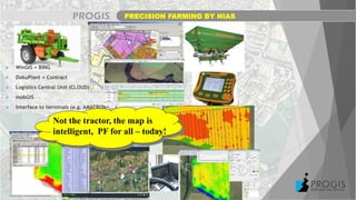  WinGIS + BING
 DokuPlant + Contract
 Logistics Central Unit (CLOUD)
 mobGIS
 Interface to terminals (e.g. AMATRON+,…)
PRECISION FARMING BY NIAS
Not the tractor, the map is
intelligent, PF for all – today!
 