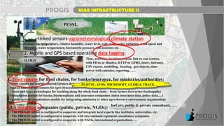 1. GIS-linked sensors-agrometeorological climate station
(+soil,water):
3. Trust centres for food chains, for banks/insurance, for ministries/authorities:
Sensors for temperature, relative humidity, water level, rain gauge, solar radiation, wind speed and
direction, water temperature, barometric pressure, soil moisture etc.
2. Mobile and GPS based operating data logging:
Time, activities, locations, tracks, link to cost centres,
with PDAs or Handys, HTTP or GPRS, Inter-, Intranet,
CSV export, modelling, locating, geo-objects, time-
server with calender, reporting, …..
• trust centres for storing selected farmers data acc.
legal or bilateral agreements for (geo-)traceability
3. Consulting companies (public, private, NGOs):
• The PROGIS model is configured to cooperate and integrate local experts like institutes, universities, etc.
• The PROGIS model is configured to cooperate with international reputated consultance companies
• The PROGIS model is configured to cooperate with NGOs, international organisations, …
PESSL
ILOGS
FUJITSU, ATOS, MICROSOFT, GLOBAL TRACE
• track and trace technologies for tracking along the whole food chain – from farmer-forwarder-foodsupplier
• integration models for banks (businessplans) and insurance companies (index insurance data, policy data,…)
• public-private organisation models for integrating ministries or other agro-forestry-environment organisations
forCert, public & private consultants, ..…
NIAS INFRASTRUCTURE II
 