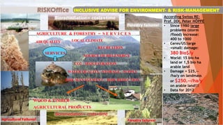 Forestry failures!Agricultural failures!
Agricultural Failures!
Bioremediation= costs+time
Bioremediation= costs+time
SERVICES
WOOD & TIMBER
CO2 - SEQUESTRATION
WATER QUALITY, -STORAGE, -SUPPLY
SOURCE OF BIO-ENERGY
RECREATION
LOCAL CLIMATEAIR QUALITY
AGRICULTURAL PRODUCTS
RISK MANAGEMENT – RISK REDUCTION
AGRICULTURE & FORESTRY = S E R V I C E S
Forestry failures!
INCLUSIVE ADVISE FOR ENVIRONMENT- & RISK-MANAGEMENT
According Swisss RE:
Prof. DDr. Peter HÖPPE
• Since 1980 large
problems (storm
/flood) increase:
400 to 1000
• Ceres/US:large
+small: damage:
380 Bio$/y
• World: 15 bio ha
land or 1,5 bio ha
arable land
• Damage = $25,--
/ha/y on landmass
or $250.--/ha/y
on arable land!!!
• Data for 2012
• Interest 4+4+6
 