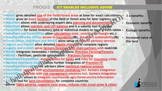 • WinGIS gives detailed size of the fields/forest areas as base for exact calculation
• WinGIS gives an exact location of the field or forest area for later logistics use
• DokuPlant allows with underlaying expert data planning and documentation
• DokuPlant allows nutrient- and CO²-balance and is a subsidy tool if needed
• ForestOffice for forest inventory (plot or statistical model) on local growth tables
• DokuPlant and ForestOffice allow calculations (cost, contribution margin etc.)
• DokuPlant&Forest Office: access to traceability(§§), document sustainability(§§)
• Forest Office, DokuPlant and WinGIS allow setup of modern advisory services
• Logistic and mobGIS allow detailed logistic planning of complete regions
• Logistic and mobGIS serve farmers-foresters AND chain partners with mobCOM
• WinGIS integrates meteodata = better decisions: Precision Farming/Forestry
• WinGIS – Fertilizer, pesticide optimisation - Precision Farming
• DokuPlant/ForestOffice: businessplans for banks and infos for insurance comp.
• Machine interfaces (IsoBUS) allow further integration of Precision FF
• DokuPlant/ForestOffice for advisors allow statistical regional analysis
• EnvirOffice: upgrade with environmental caretaking incl. farmers integration
• EnvirOffice: upgrade with risk management solutions incl. farmers integration
• Trust Centre allows to integrate countrywide agro-forest-enviro-information
• Z-GIS as tool for land consolidation for complete countries
• Allover fights poverty, supports rural areas, reduces risks (rural areas & cities)
ICT ENABLES INCLUSIVE ADVISE
• 3 x benefits:
• Economic benefits
• Ecologic benefits
• Increased value of
the land
 