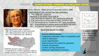 ELINOR OSTROM, COMMONS and INCLUSIVE ADVISE
Elinor Ostrom – Nobel-price for business science 2009
Codification of the common law was necessary:
–1. Trial: ABGB 1811 in Austria
- Liberation of the farmer since 1848/49
–2. Trial: Reichsgemeindegesetz 1862 (Community admin §§)
–3. Trial: provisorische Gemeindeordnungen (Commune law)
–4. Trial: Neuanlegung des Grundbuches 1871 (new groundbook)
- 1883: „§§ partitioning of common ground and define use rights
- 1883 – 1925 general regulation and implementation
CARINTHIA (Southern region of Austria):
- 1885: 3013 Cooperatives in 230 Communities
- 1913: 2065 Cooperatives with 136.175 ha
- 2014: 1715 Cooperatives with 138.083 ha
According Ostrom we need:
- Precise defined borders
- Congruence between rules of acquisition and
- rules of allocation
- Local requirements
- Org-structures for collective decisions
- Control and penalty
- Conflict solving mechanism
- Minimum organization structure
- 12 Alpine Centres
- 5-6 x way-length
- 5-6 x water-pipes
- More fountains
- 5000m+ fences
CARINTHIA (Southern region of Austria):
- A cooperative acc. Austrian legislation is able to
manage commons acc. the rules of Elinor Ostrom!
 